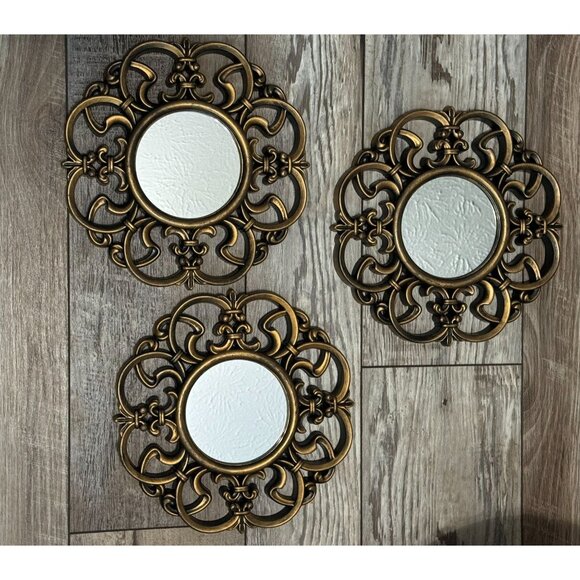 Fleur-de-lis Burnished Gold 3-Piece Mirror Set Wall Decor - Picture 1 of 4